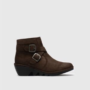 Brown Suede Wedge Ankle Boots Buckle Comfort Booties Size 6